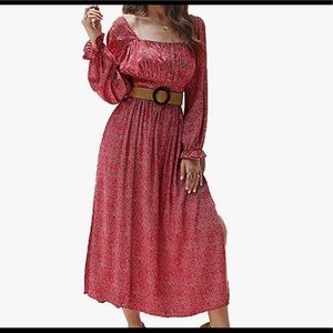 Long Dress Square Neckline Long Sleeve Ruffle Boho Dress with Side Split